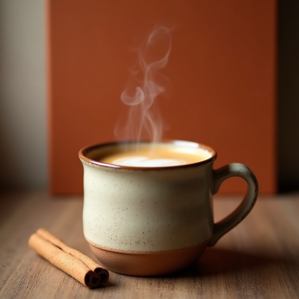 Coffee drink photographed at 45-degree angle showing layers, crema and steam against a warm terracotta background