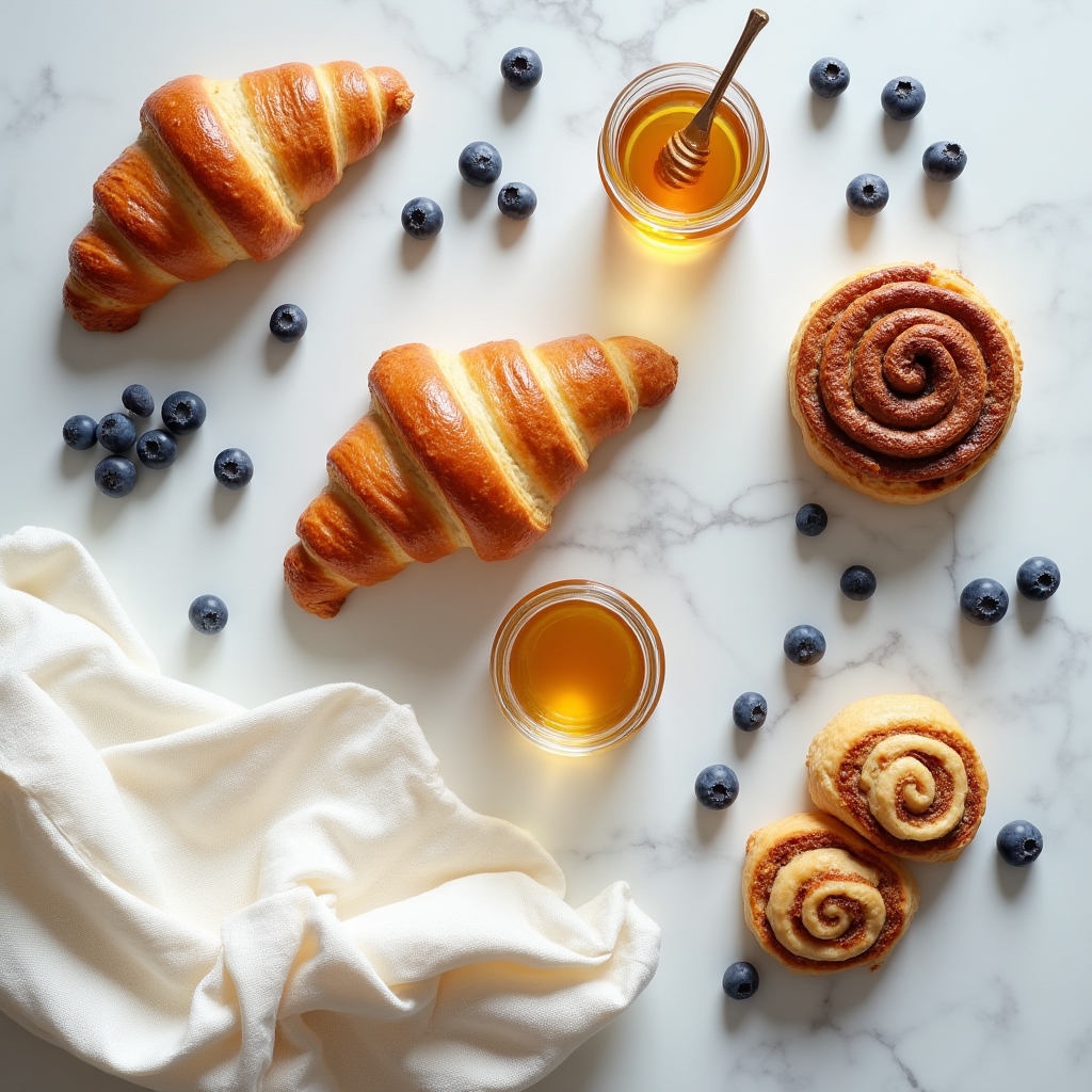 Overhead flat lay composition of assorted pastries on a marble surface with scattered flour and a linen napkin
